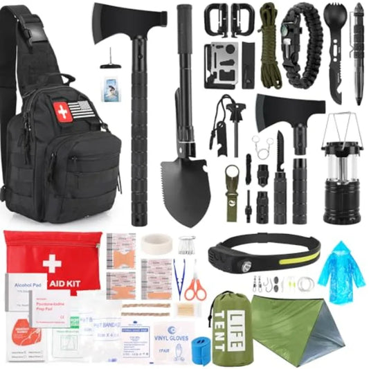 Survival Kit 268 Pcs Emergency Survival Gear and Equipment Supplies with First Aid Kit Camping Axe Headlamp Crossbody Bag for C