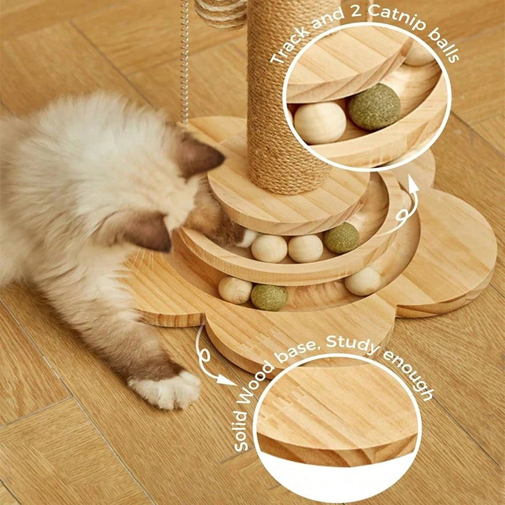 4-in-1 Wooden Cat Scratcher with Ball Track & Feather Toy Self-Play Kitten Activity Center Anti-Boredom Indoor Pet Supplies , Suitable For Indoor Kittens