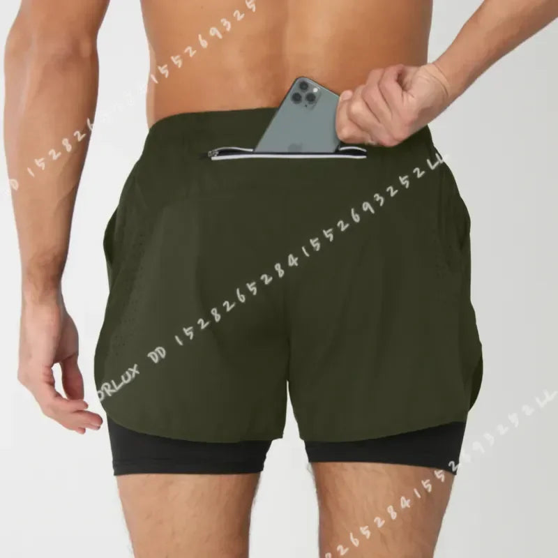 Men's Running Shorts Quick Dry Fitness Black Double Layer Sport Workout Training Bodybuilding Short Pants New