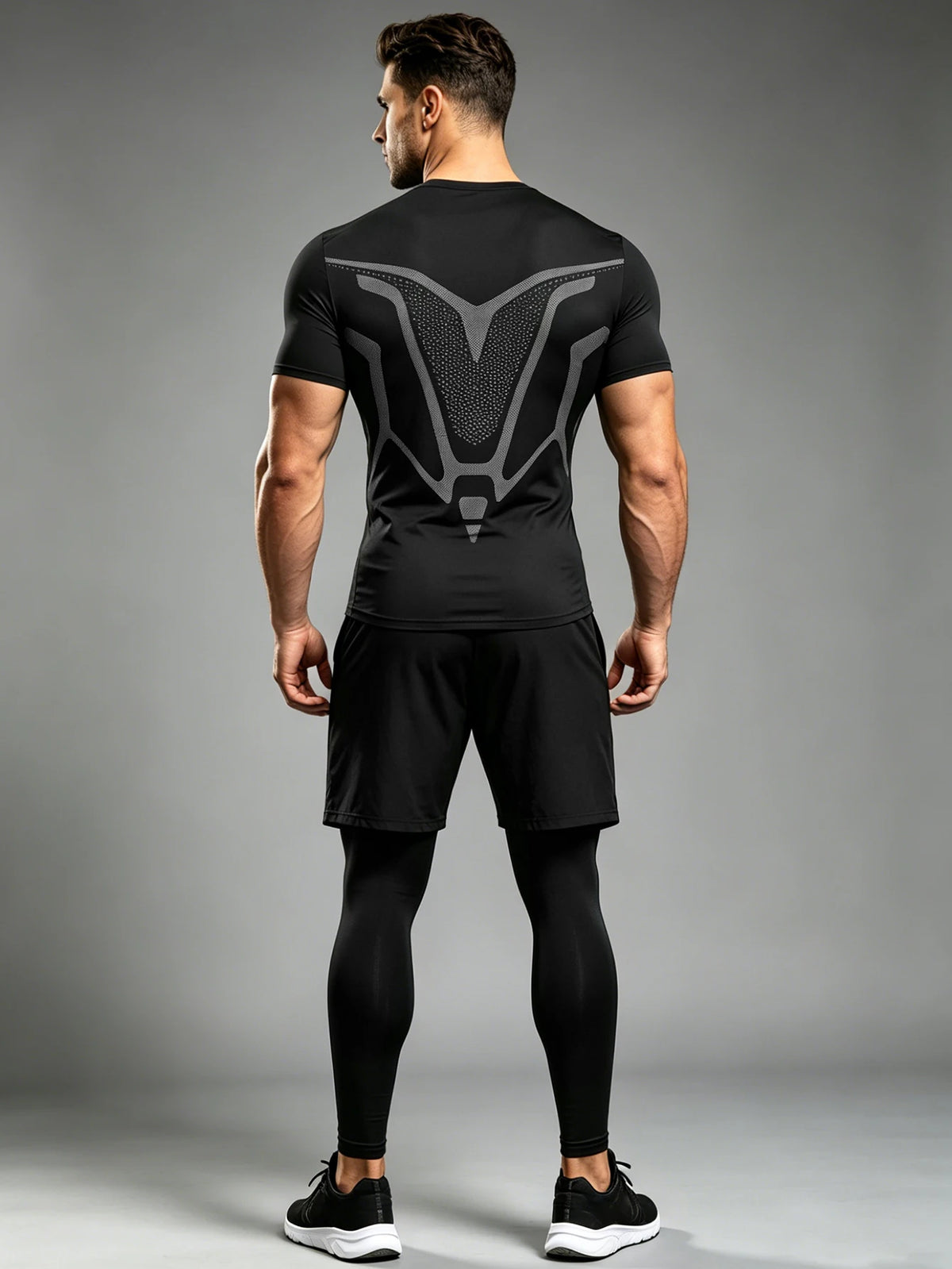 Men's Three-Piece Fitness Outfit Set: High-Elasticity, Quick-Drying Compression Training Top, Adjustable Shorts With Pockets, And High-Elasticity Compression Leggings; Suitable For Gym Workouts, Jogging, Cycling, And Other Sp