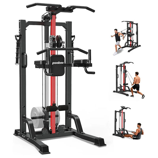 Pooboo Pull Up Bar Power Tower Dip Station with Cable Machine, 450LB Home Gym | Pull Up Bar, Dip Station and 16-Position Cable System for Pull Ups, Dips, Lat Pulldowns, Rows and Full-Body Training