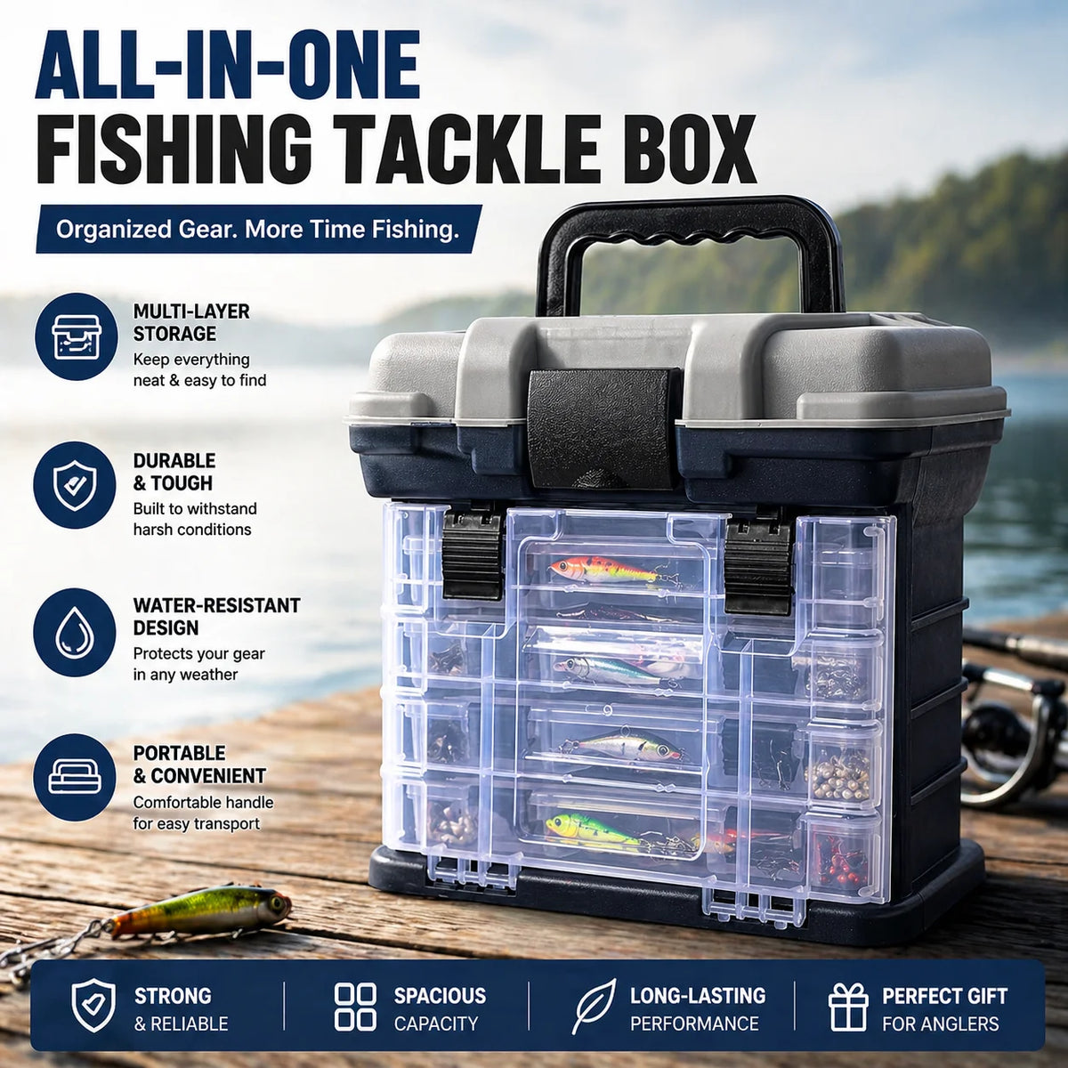 Zoe Fishing Tackle Box Kit with Fishing Pliers 4-Tier Multi-Functional Fishing Handheld Storage Box Adjustable Dividers Portable Fishing Tackle Lure Tool Box Arts Crafts