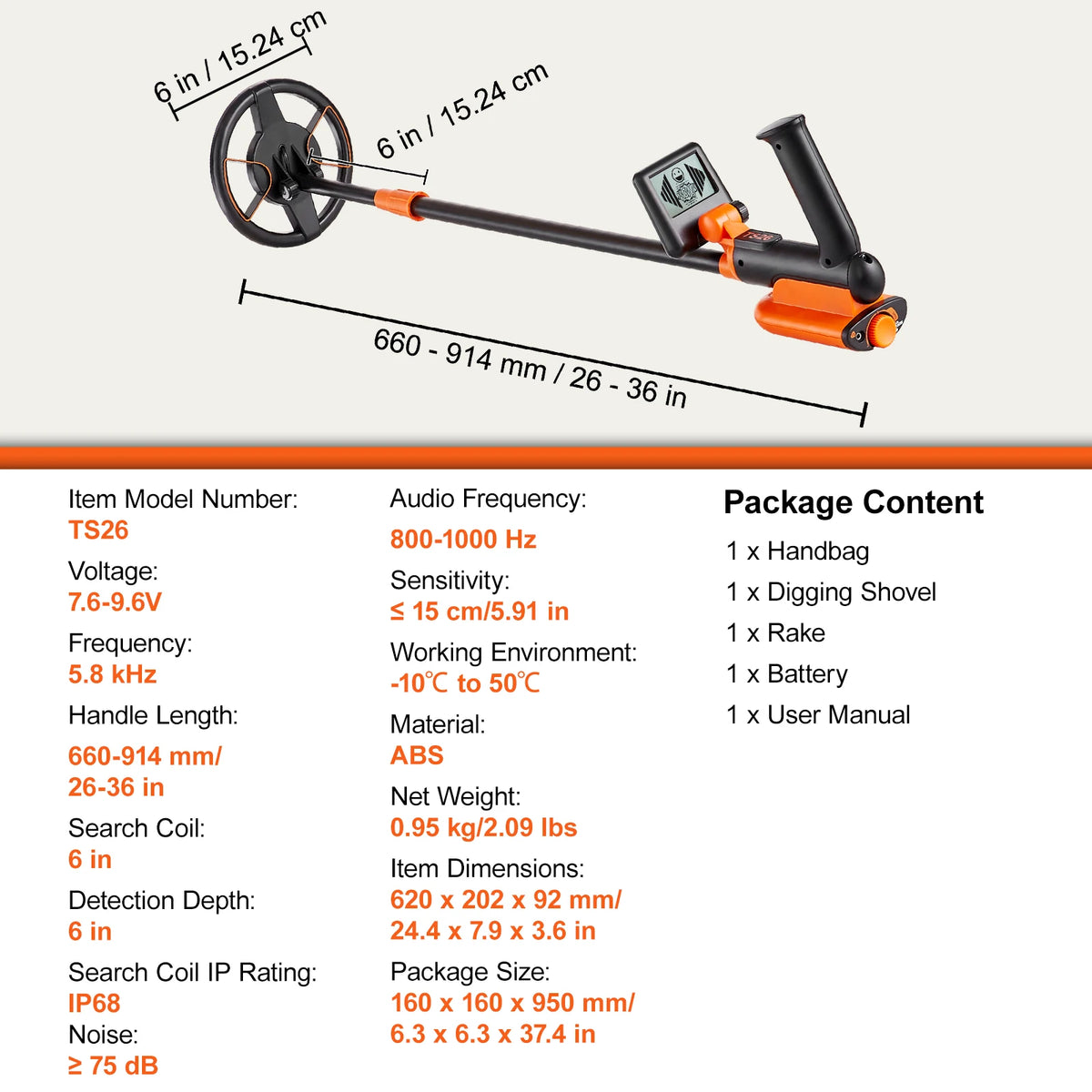 VEVOR Metal Detector for Kids 6Inch 25''-37''Adjustable Length IP68 Waterproof Search Coil with LCD for Detecting Gold