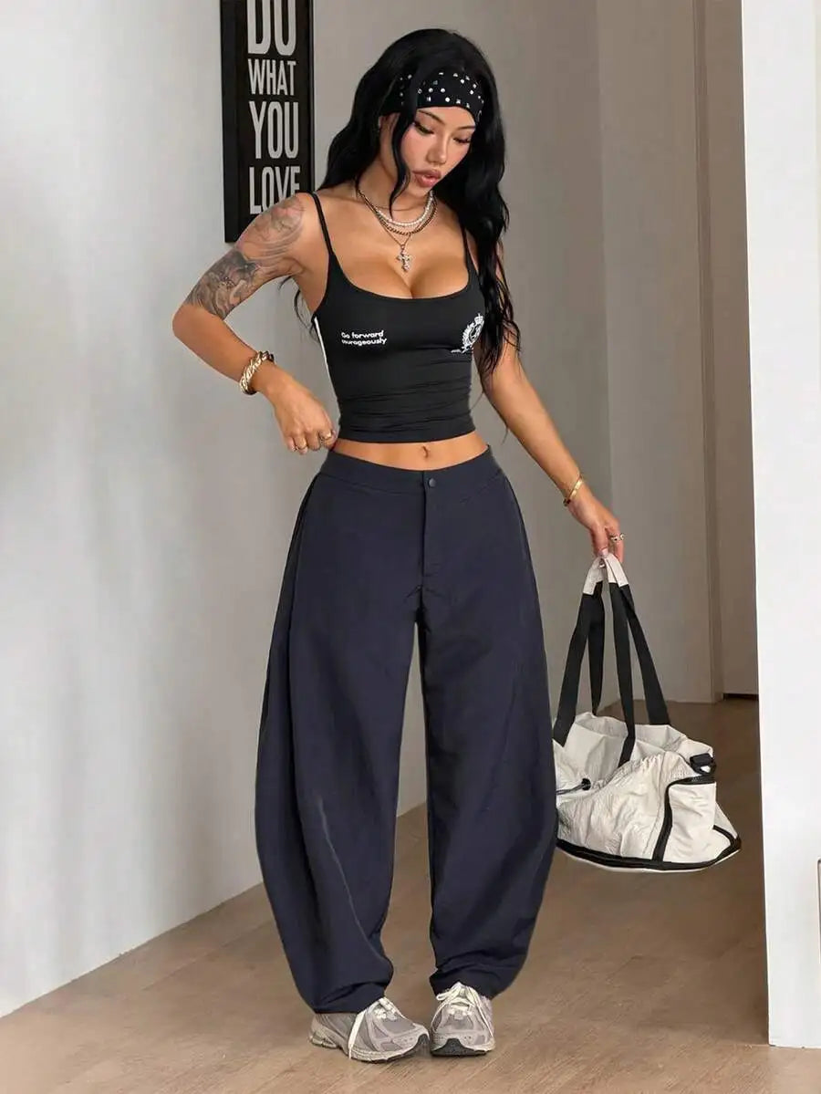 Womens Wide Leg Streetwear Pants Curved Hem Athleisure