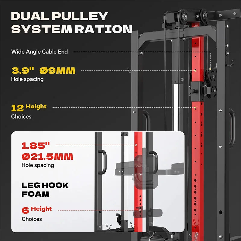 Pooboo Pull Up Bar Power Tower Dip Station with Cable Machine, 450LB Home Gym | Pull Up Bar, Dip Station and 16-Position Cable System for Pull Ups, Dips, Lat Pulldowns, Rows and Full-Body Training
