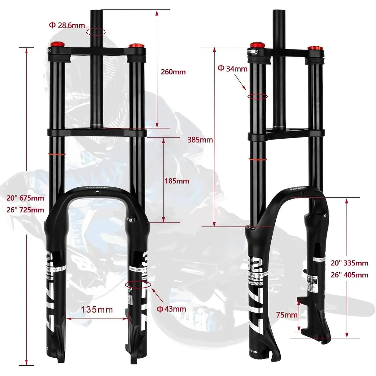 20/26 inch 4.0 Fat Tire Bike Air Suspension Fork - 180mm Travel, 135mm Hub Spacing, QR 9mm, Double Crown Shock Absorber Fork for MTB Fat Snow Beach E-Bike