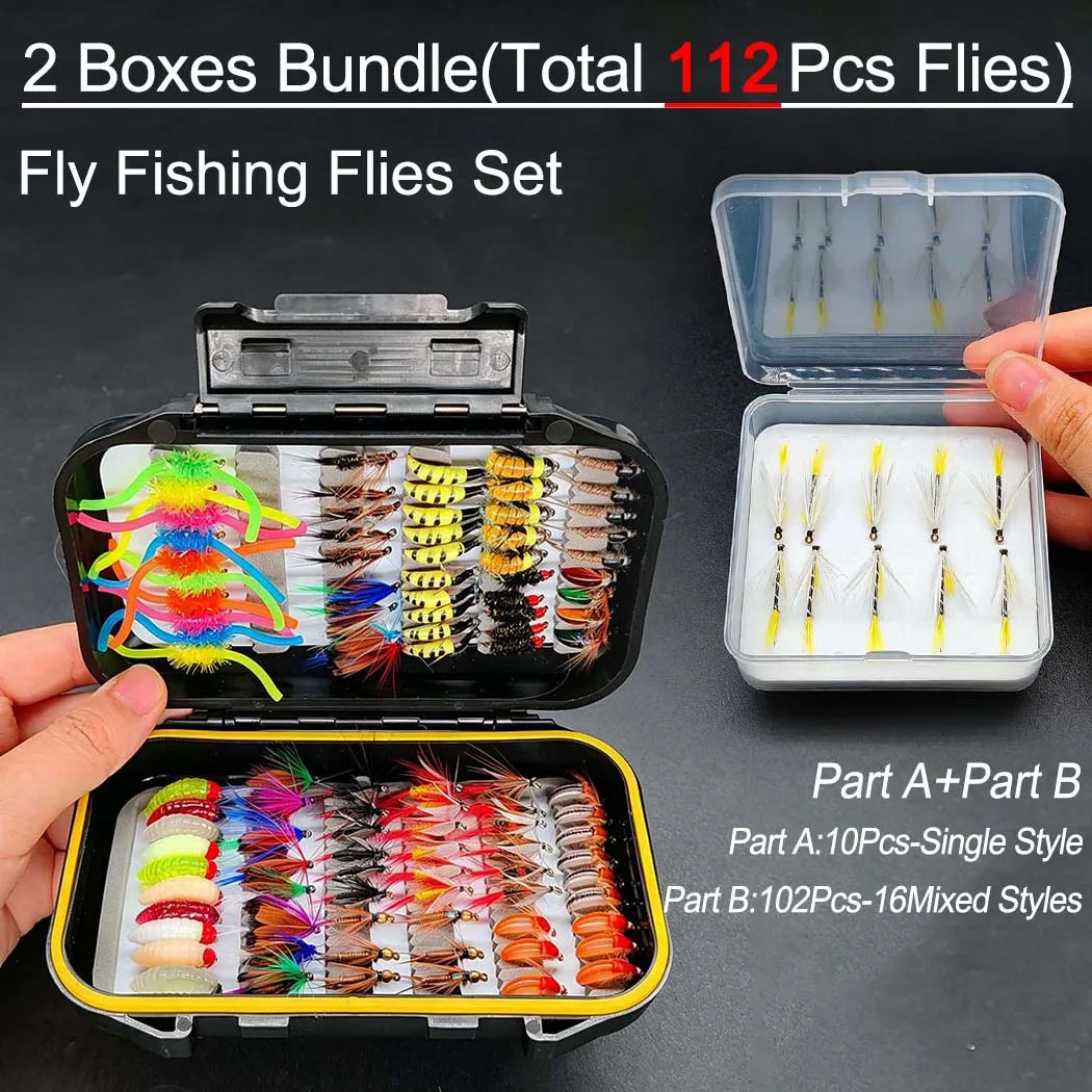 2 Boxes Bundle(Total 112Pcs Flies)Fly Fishing Flies Set with Fly Box, 2 Boxes Dry Wet Nymph #4#6#8#10 Hooks for Trout Salmon Bass
