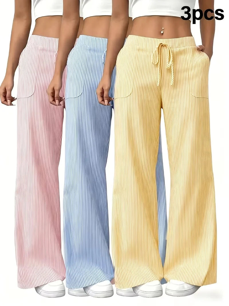 Three‑Piece Set of Women's Striped Wide‑Leg Athletic Pants ‑ High‑waisted Elastic Drawstring Waistband, Lightweight and Soft Sports Trousers, Suitable for Exercise, Running, Fitness and Home Leisure, With Pockets,