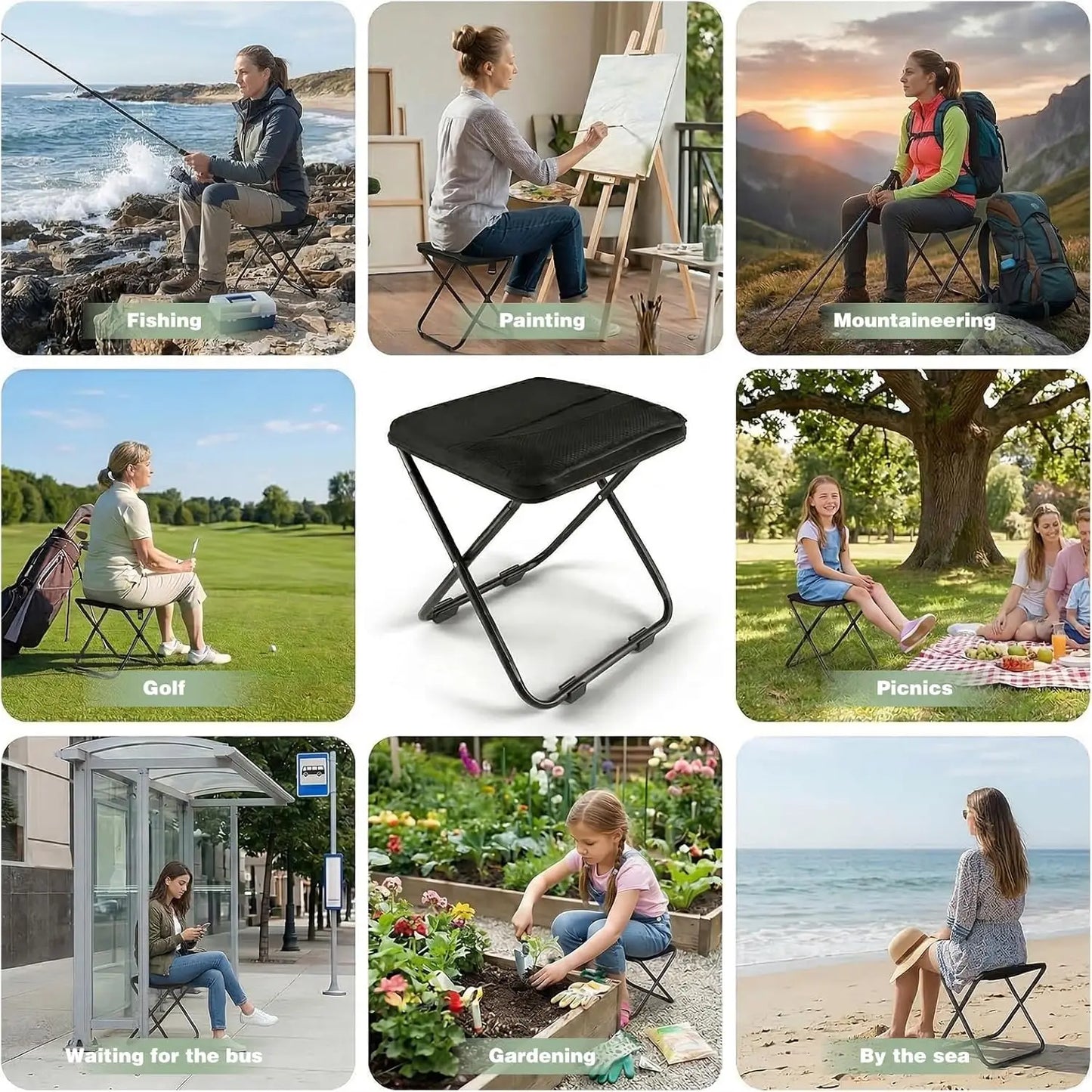 GMOX Camping Stool Portable Chair: All-Terrain Folding Carrying Pocket Stool, 4 Anti-Sink Feet, 270Lbs Capacity & 3s Setup. 5000 Cycle Tested for Rugged Sites, Camping, Fishing, Travel, Black.