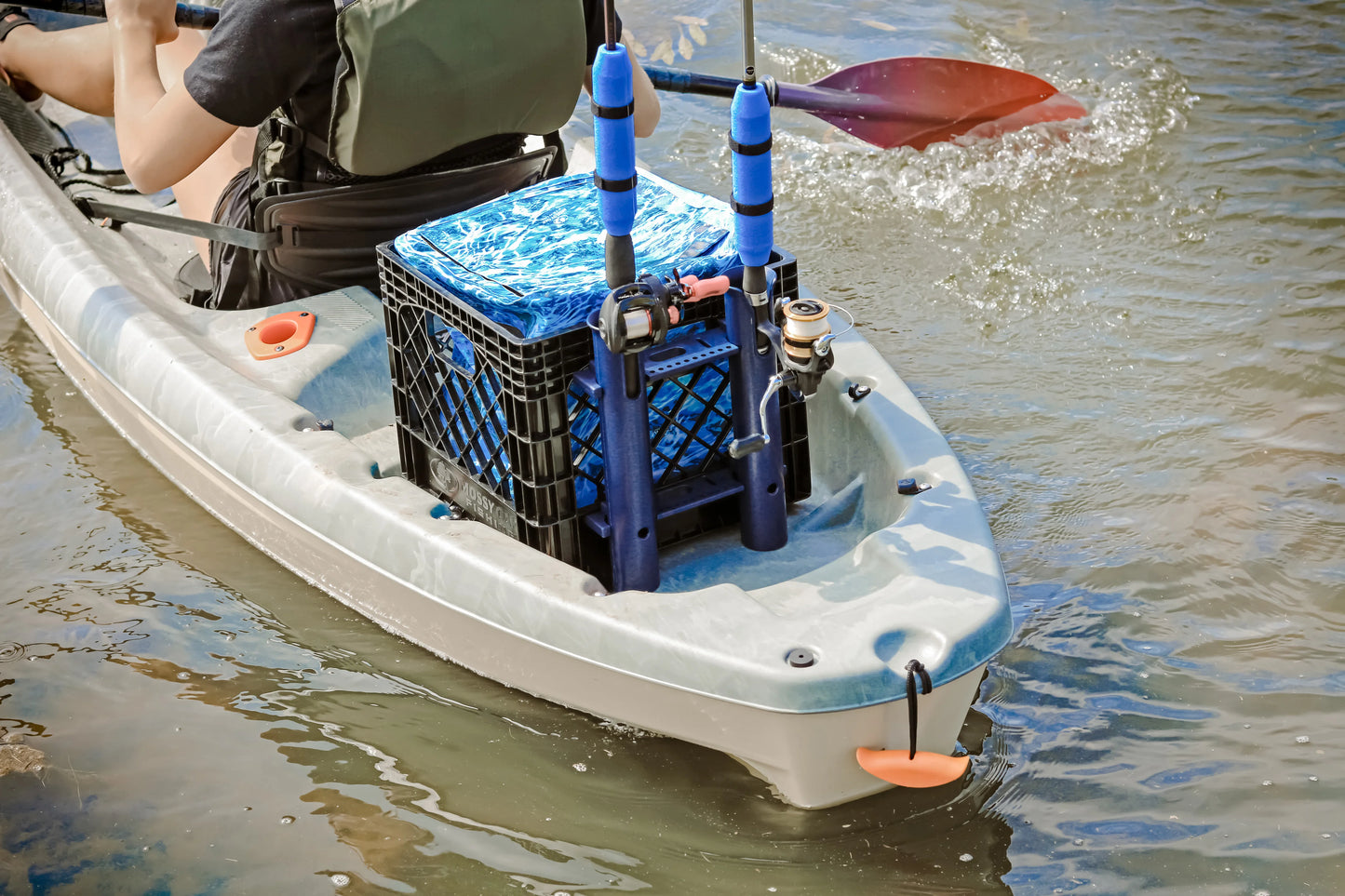 Kayak Storage Crate with Dry Bag Fishing Gear Kit Rod Holder Blue Milk Crate
