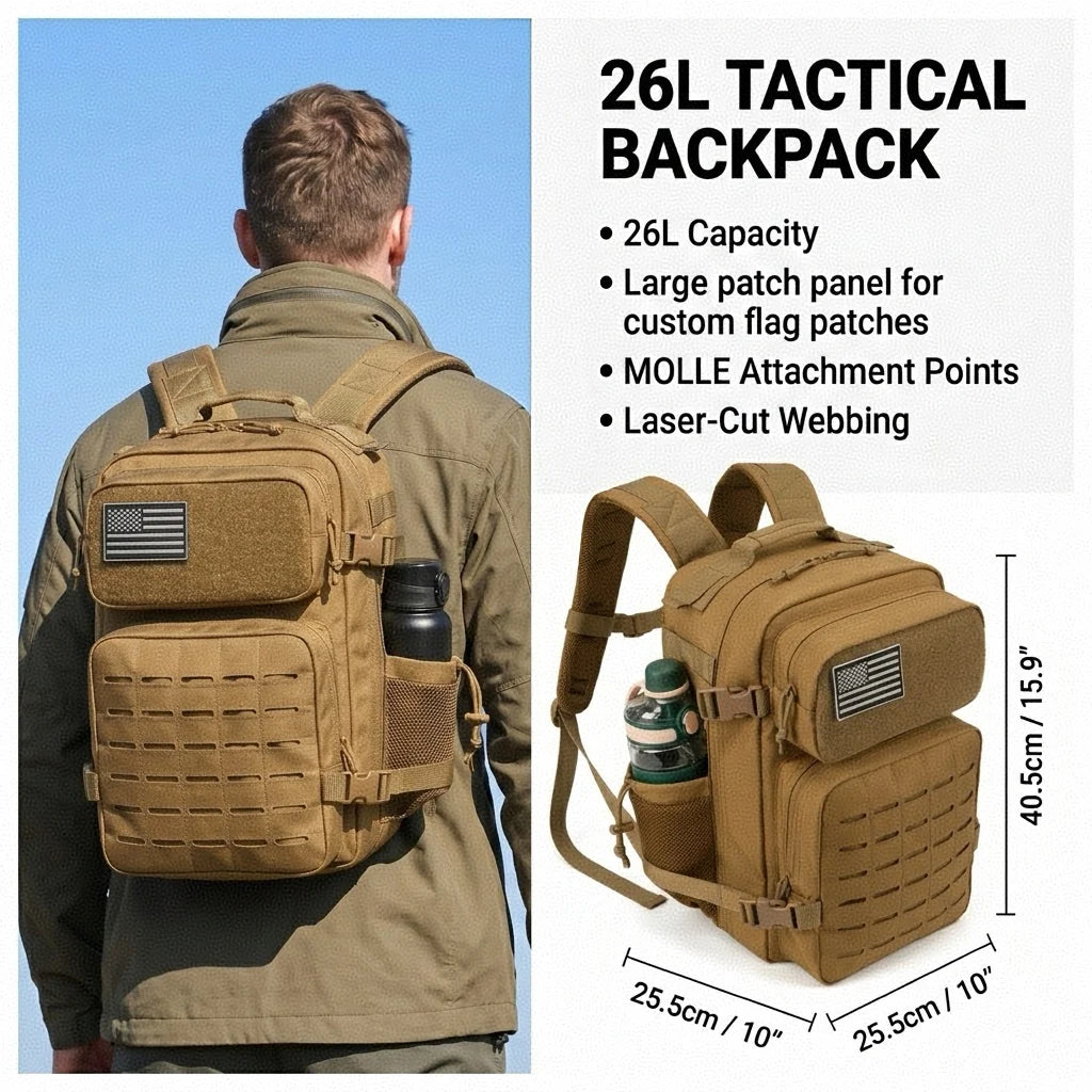 26L Men's Fishing Rucksack with MOLLE System & Double Cup Holders, Tactical Outdoor Hiking Backpack for Kayak Bass Trout River Fishing, Travel Camping Tackle Gear Storage Bag, Survival Kit