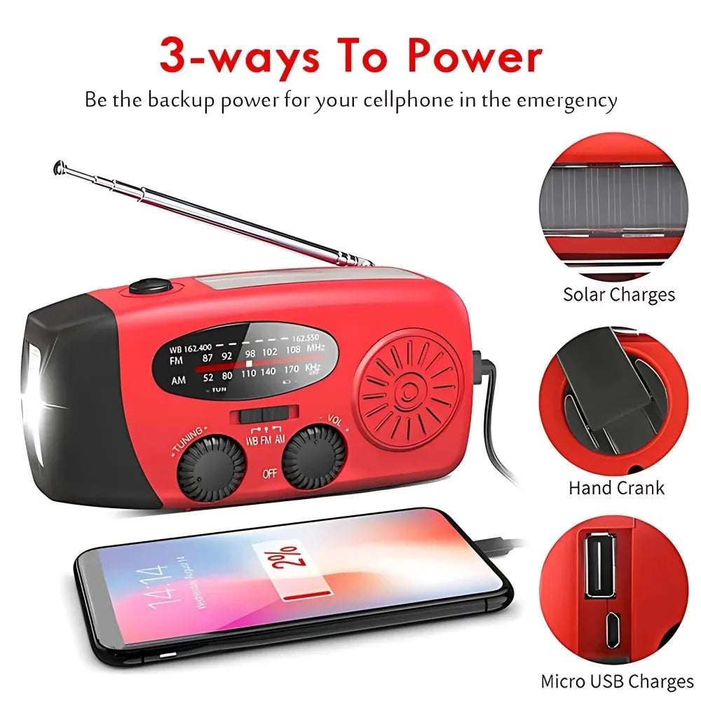 Solar Hand Crank Radio Portable Emergency Weather Alert Device with 2000mAh Power Bank and LED Flashlight Ideal for Home Blackout Severe Weather Camping Hurricane Preparedness Survival Gear NOAA FM AM and Outdoor Safety