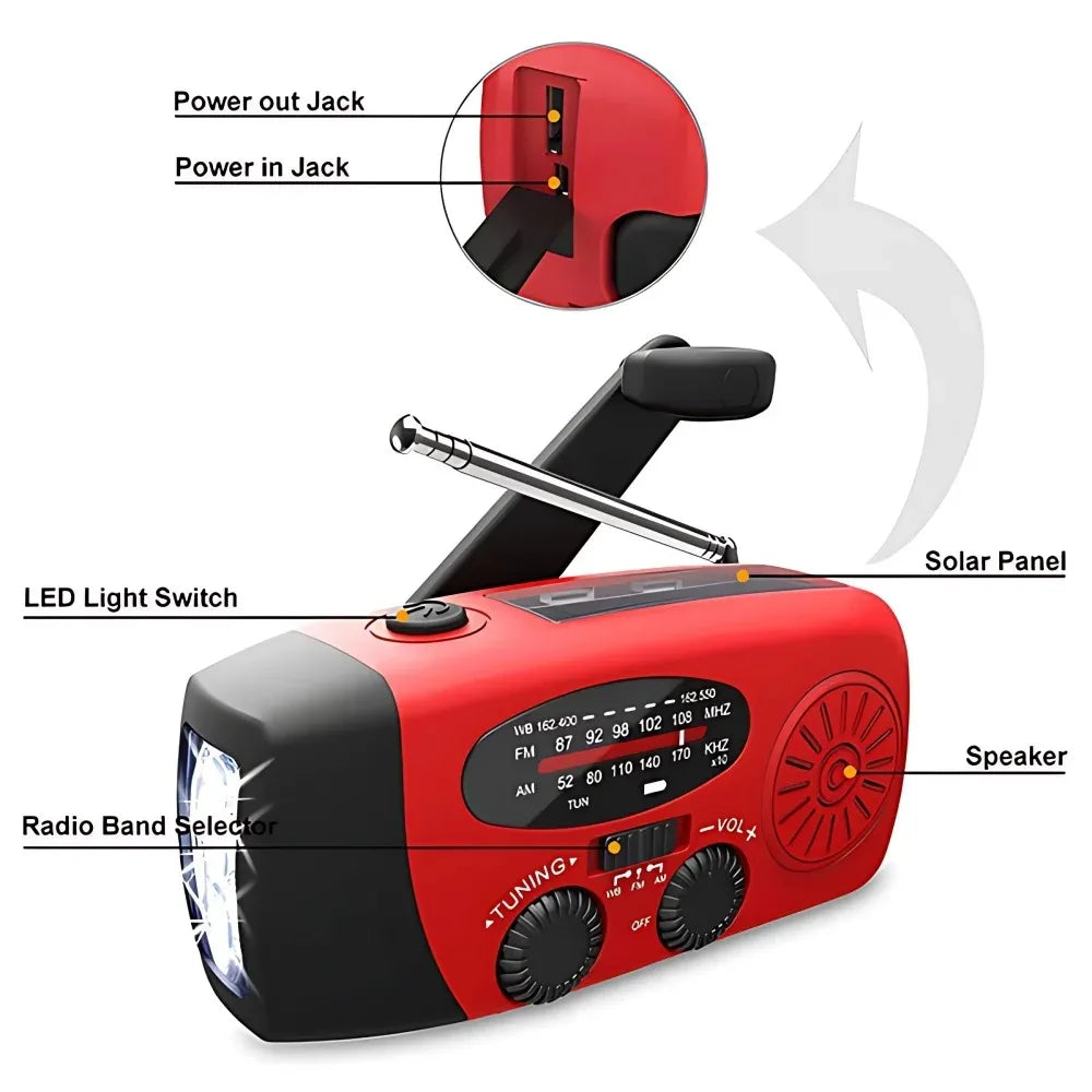 Solar Hand Crank Radio Portable Emergency Weather Alert Device with 2000mAh Power Bank and LED Flashlight Ideal for Home Blackout Severe Weather Camping Hurricane Preparedness Survival Gear NOAA FM AM and Outdoor Safety
