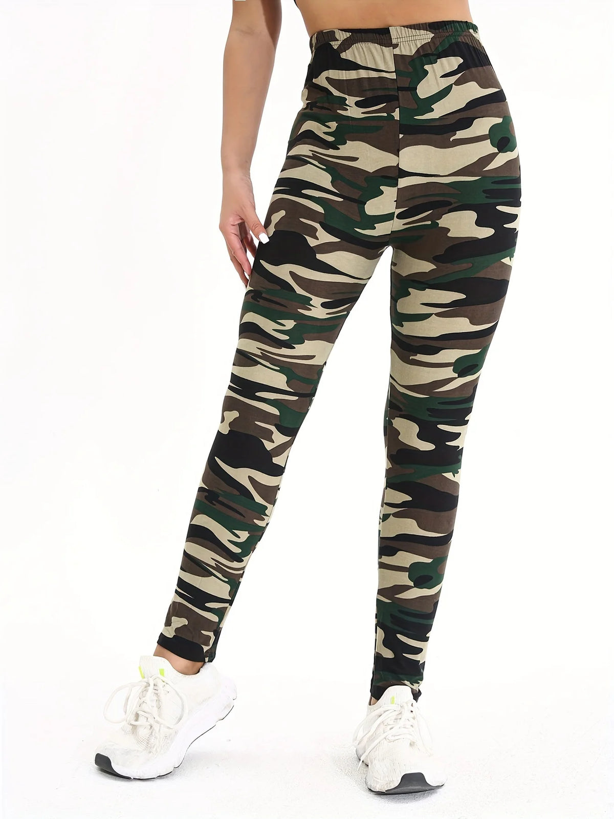 Yoga Pants, Women's High‑Waist Green Brown Camouflage Print Stretch Leggings, Buttery‑Soft Full‑Length Gym Workout Outdoor Daily Casual Active Pants