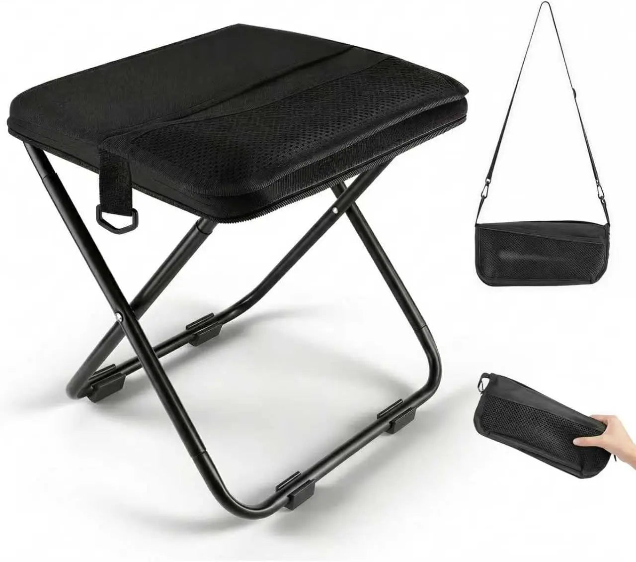 GMOX Camping Stool Portable Chair: All-Terrain Folding Carrying Pocket Stool, 4 Anti-Sink Feet, 270Lbs Capacity & 3s Setup. 5000 Cycle Tested for Rugged Sites, Camping, Fishing, Travel, Black.