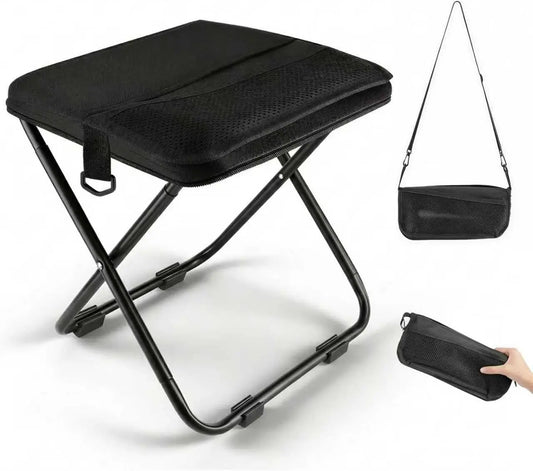 GMOX Camping Stool Portable Chair: All-Terrain Folding Carrying Pocket Stool, 4 Anti-Sink Feet, 270Lbs Capacity & 3s Setup. 5000 Cycle Tested for Rugged Sites, Camping, Fishing, Travel, Black.