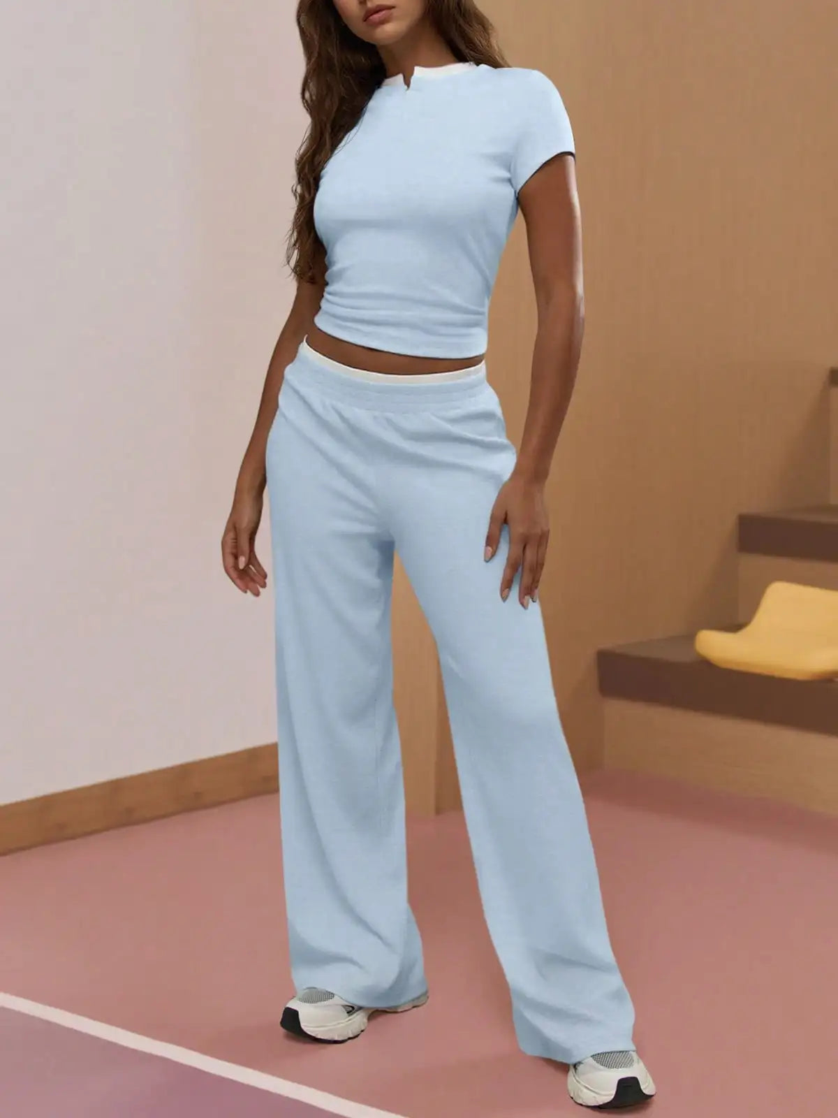 Fisoew Ribbed Knit Lounge Set Matching Crop Top With Wide Leg Pants