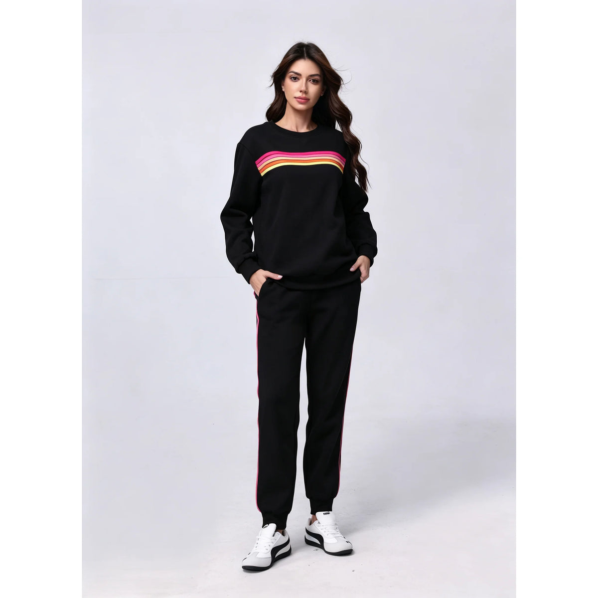 Womens Oversized Retro Striped Two Piece Lounge Set Cozy Warm Pullover Sweater Top And Jogger Pants With Two Side Pockets Relaxed Fit For Fall School Campus Weekend Travel And Everyday Casual Wear