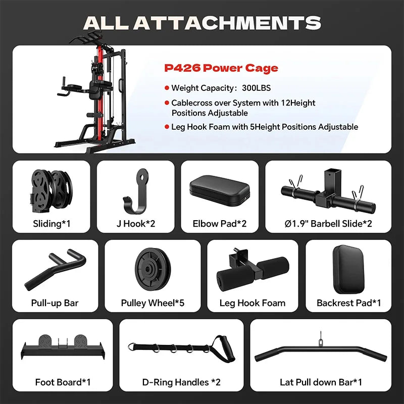 Pooboo Pull Up Bar Power Tower Dip Station with Cable Machine, 450LB Home Gym | Pull Up Bar, Dip Station and 16-Position Cable System for Pull Ups, Dips, Lat Pulldowns, Rows and Full-Body Training