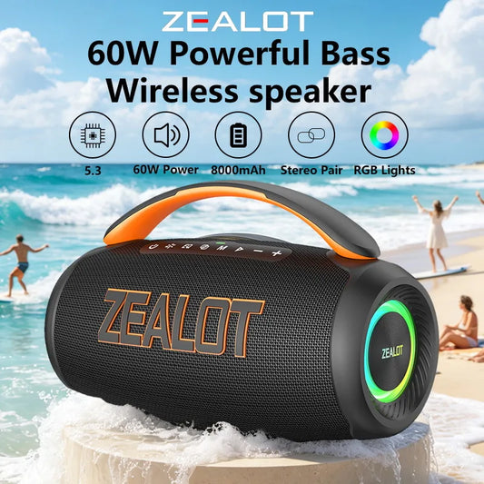ZEALOT-P12 Portable Bluetooth Speaker 60W, IPX6 Waterproof, Supports TF Card and USB, Beach Party Speaker, Outdoor Camping Speaker, Large Gathering Speaker