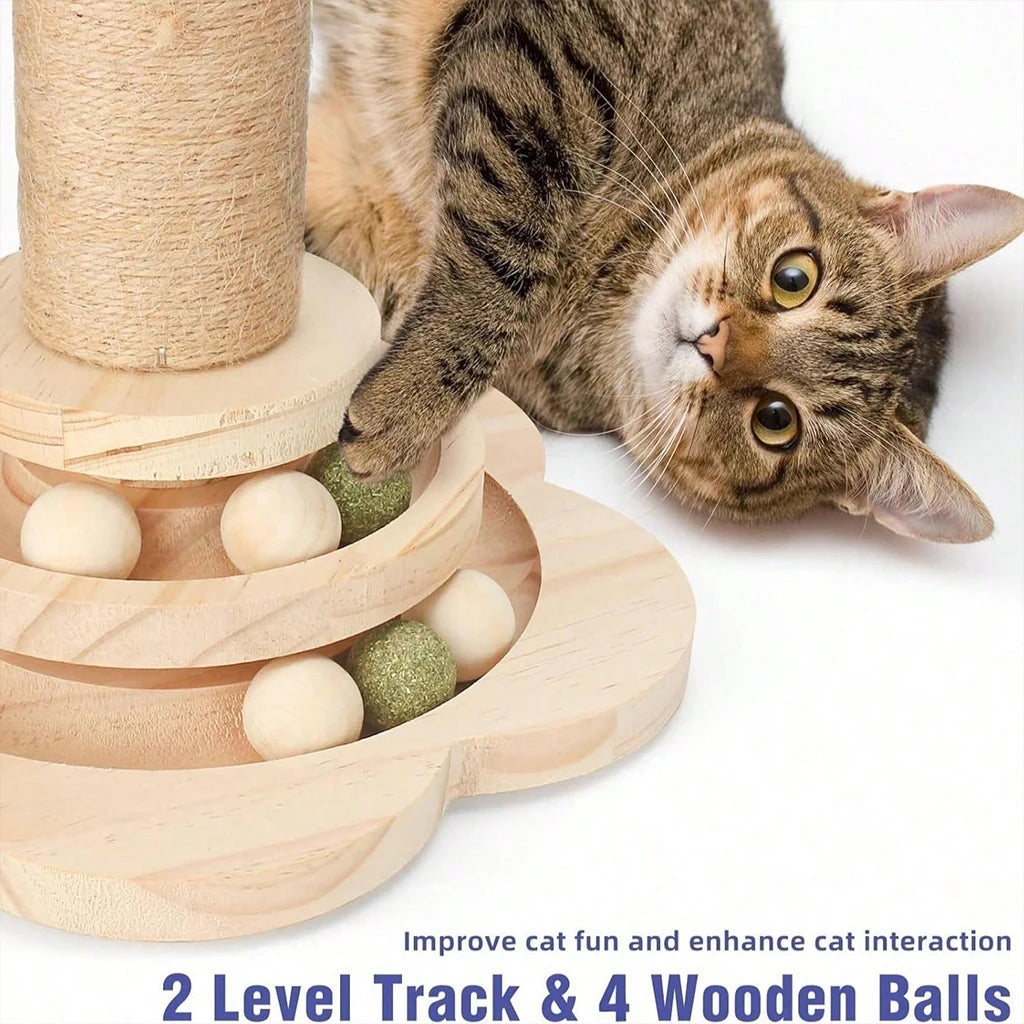 4-in-1 Wooden Cat Scratcher with Ball Track & Feather Toy Self-Play Kitten Activity Center Anti-Boredom Indoor Pet Supplies , Suitable For Indoor Kittens