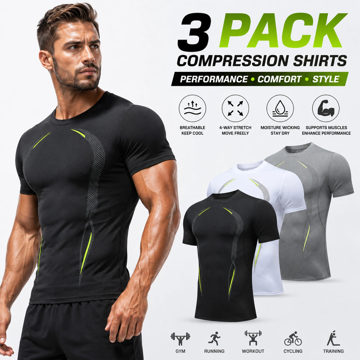 3-Pack Men's Compression Shirts Short Sleeve Gym Baselayer Tops Contour Line Workout Tees Moisture-Wicking Quick-Dry Performance Training Set