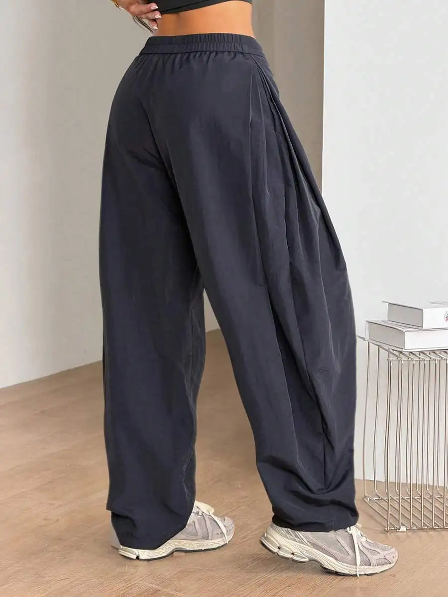 Womens Wide Leg Streetwear Pants Curved Hem Athleisure