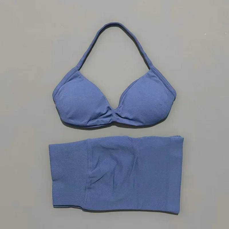 2 Pieces Yoga Gym Set Women Seamless Strappy Yoga Bra High Waist Workout Scrunch Shorts Sports Set Fitness Clothes Sportswear