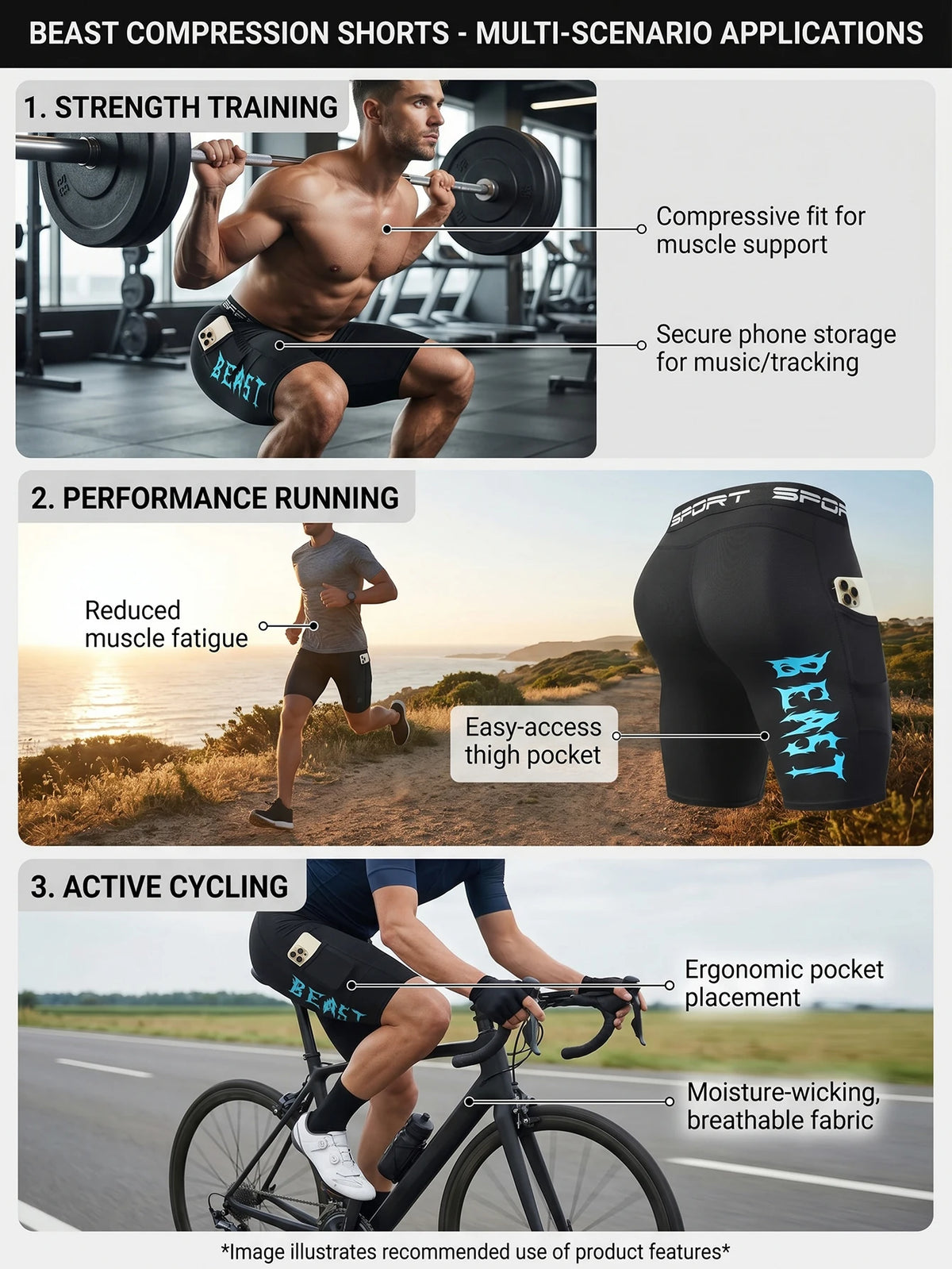 6-Pack Men's Sports Compression Shorts with Phone Pocket—Breathable, Quick-Dry, and Form-Fitting. Ideal for Workouts and Everyday Wear