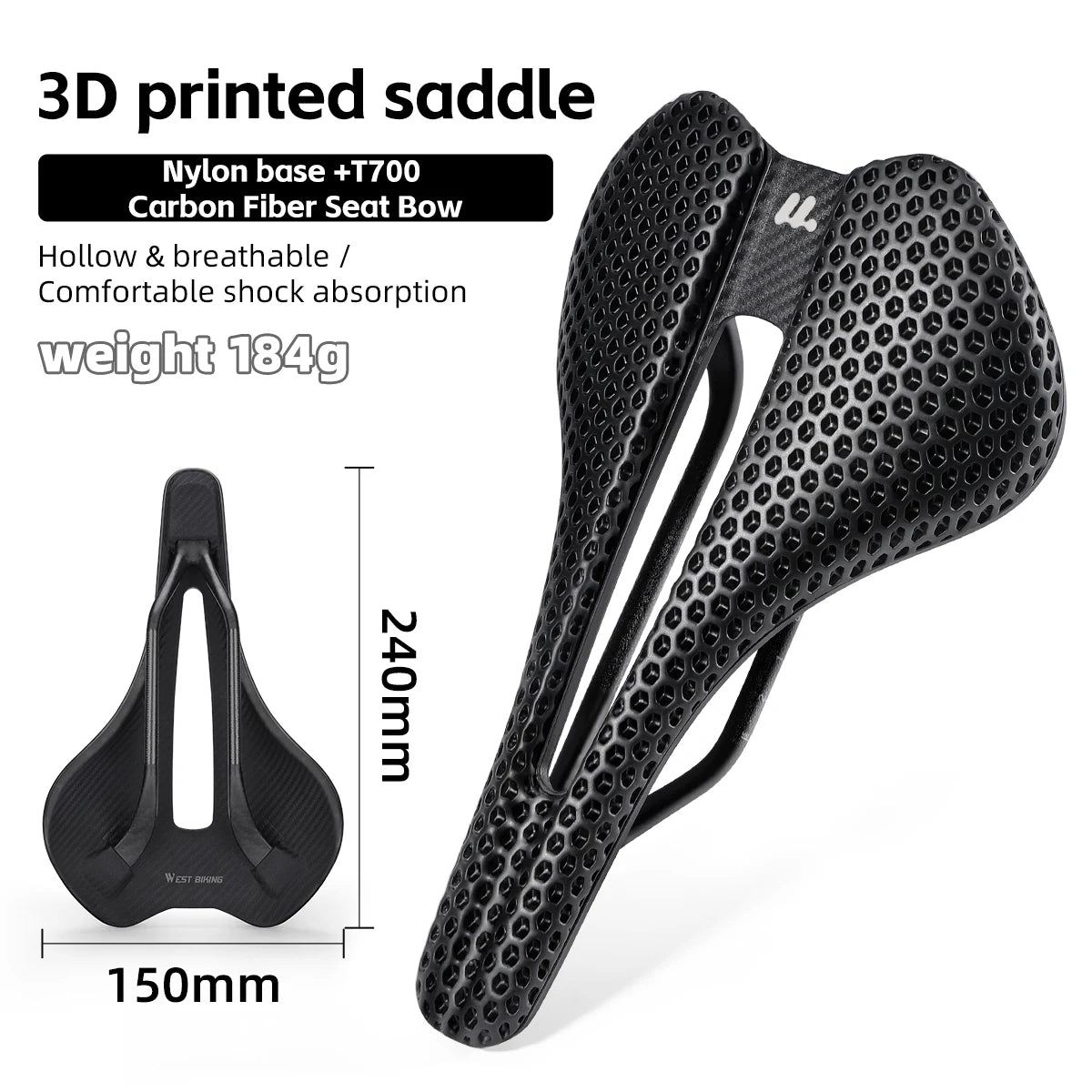 West Biking 3D Printed Road Bike Saddle Carbon Fiber