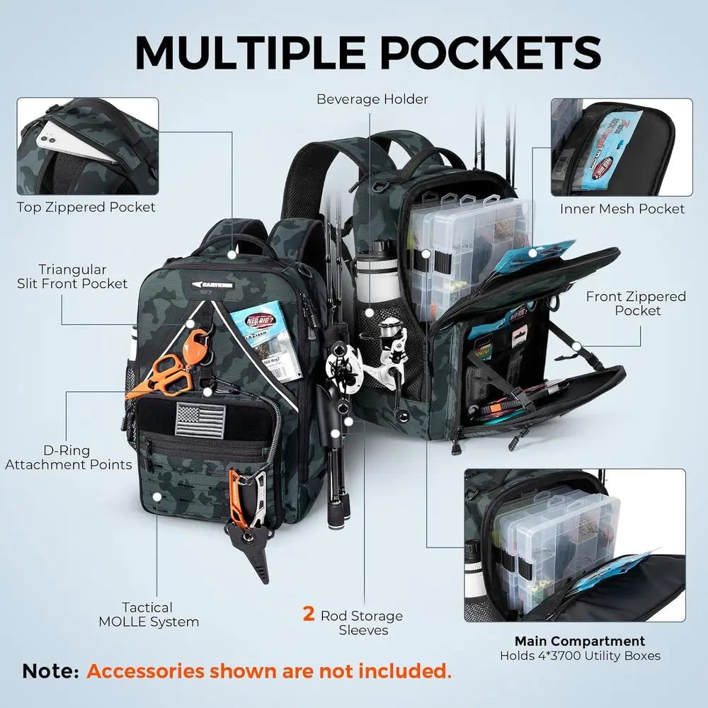 Water-Resistant Fishing Tackle Backpack with 2 Rod Holders and Large Storage, Camouflage Design