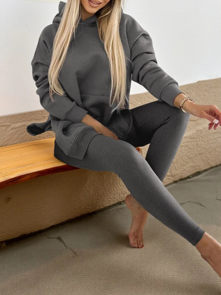 Pants Set Long Sleeve Hooded Pocket Loose Top High Waist Slim Leggings For Women Daily Home Fitness Jogging Outdoor Leisure Matching Outfit