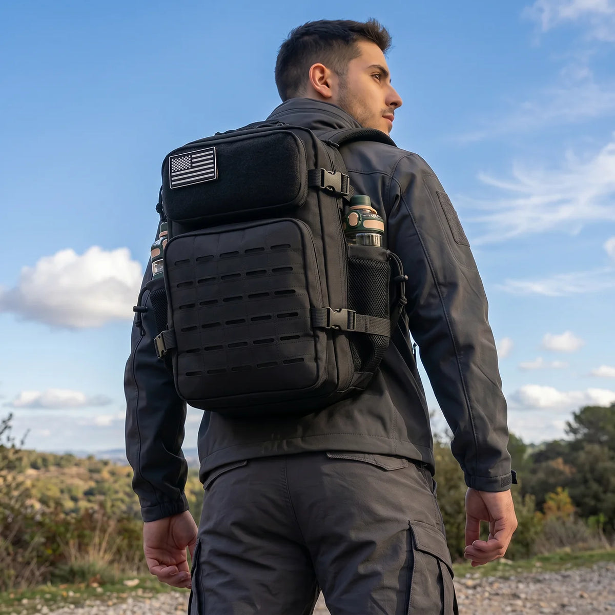 26L Men's Fishing Rucksack with MOLLE System & Double Cup Holders, Tactical Outdoor Hiking Backpack for Kayak Bass Trout River Fishing, Travel Camping Tackle Gear Storage Bag, Survival Kit