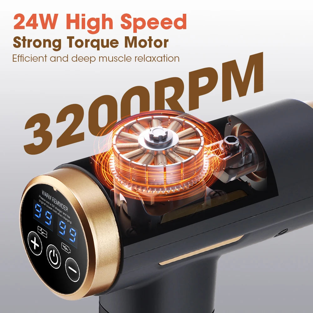 Percussion Massager with 99 Speed Levels Fascia Gun Percussion Massager 24W 3200RPM Deep Tissue, Cordless with Battery Display and 10-Min Timer