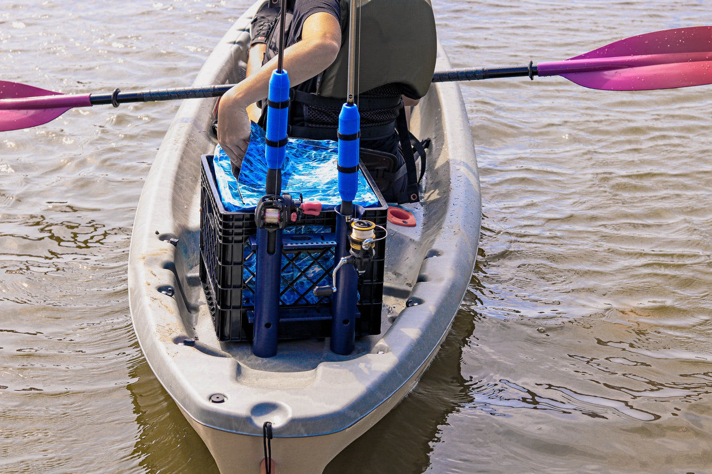 Kayak Storage Crate with Dry Bag Fishing Gear Kit Rod Holder Blue Milk Crate