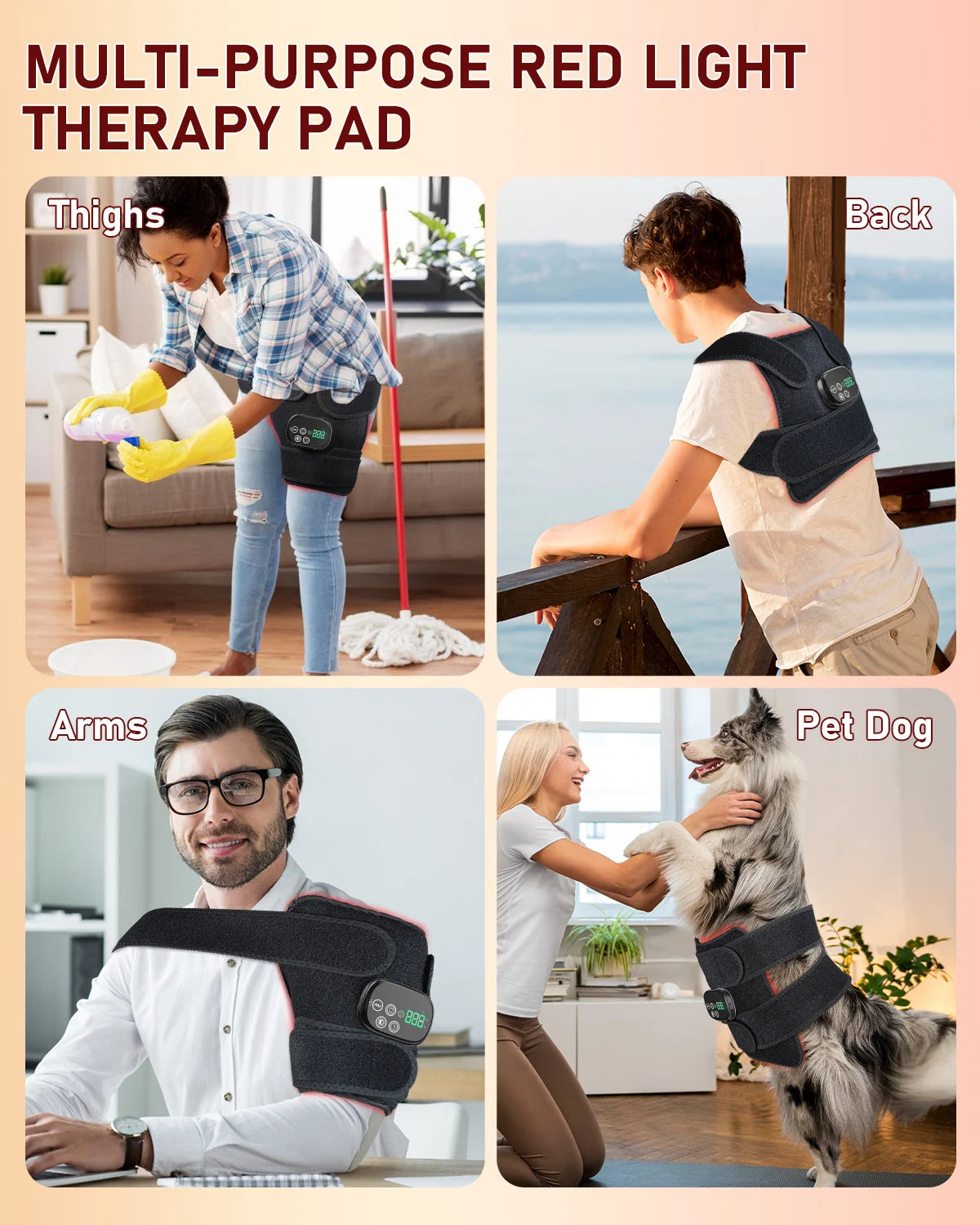 Cordless Red Light Therapy Belt with 2 Long Straps, Rechargable Heat & Vibration Waist Massage for Back Shoulder Waist Muscle Pain Relief