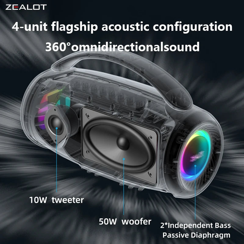 ZEALOT-P12 Portable Bluetooth Speaker 60W, IPX6 Waterproof, Supports TF Card and USB, Beach Party Speaker, Outdoor Camping Speaker, Large Gathering Speaker