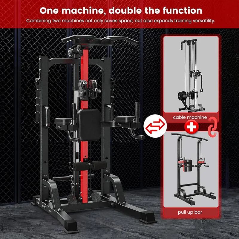 Pooboo Pull Up Bar Power Tower Dip Station with Cable Machine, 450LB Home Gym | Pull Up Bar, Dip Station and 16-Position Cable System for Pull Ups, Dips, Lat Pulldowns, Rows and Full-Body Training