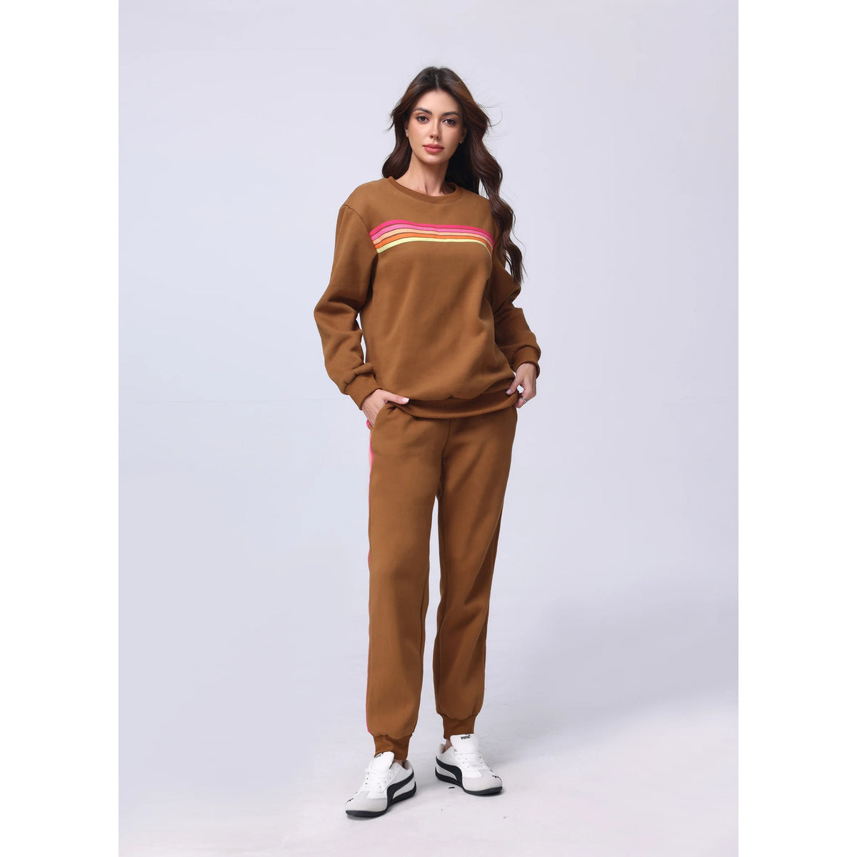 Womens Oversized Retro Striped Two Piece Lounge Set Cozy Warm Pullover Sweater Top And Jogger Pants With Two Side Pockets Relaxed Fit For Fall School Campus Weekend Travel And Everyday Casual Wear