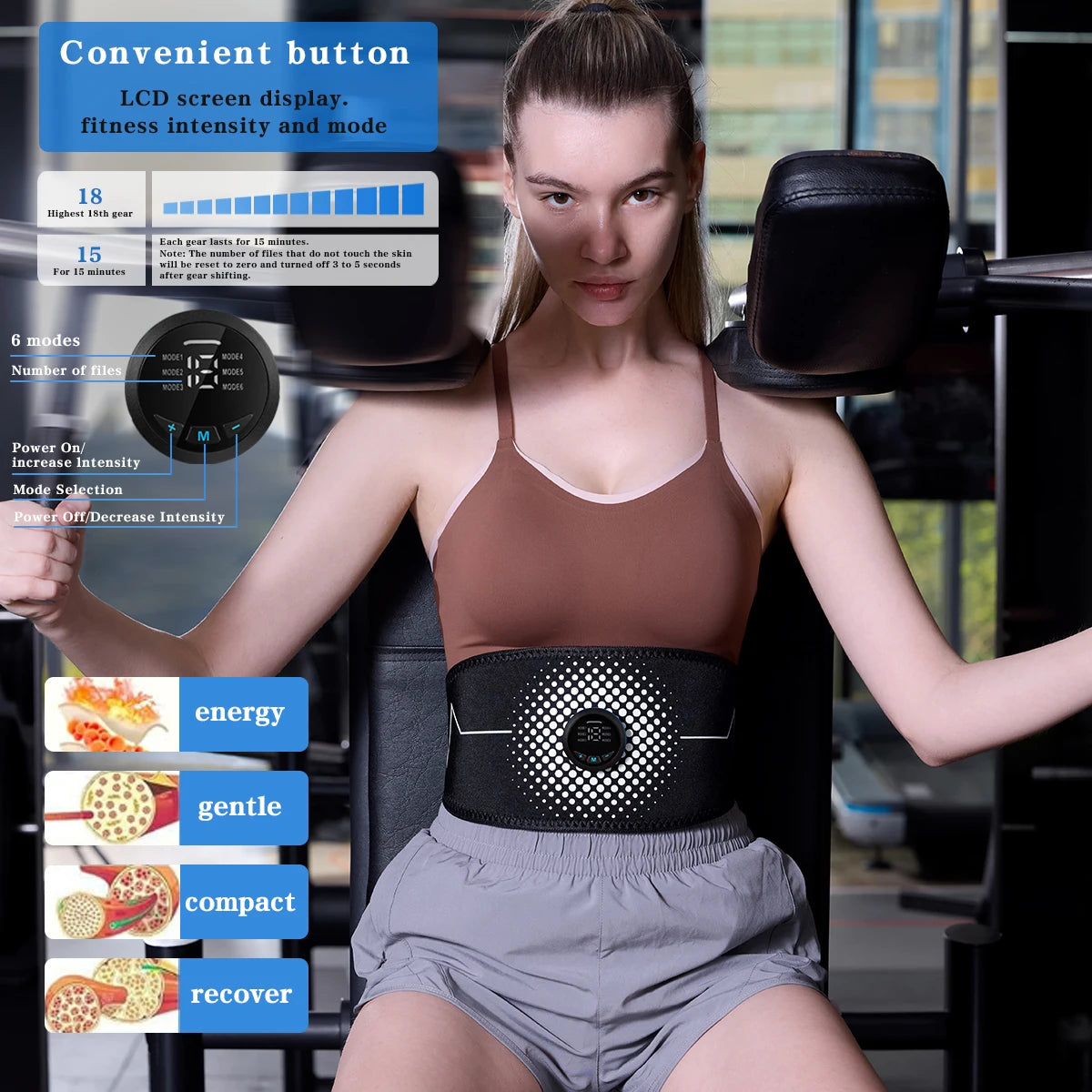 Rechargeable EMS Muscle Stimulator Belt - 6 Modes 18 Intensity Levels ABS Fitness Massage Training Belt for Muscle Relaxation And Strengthening