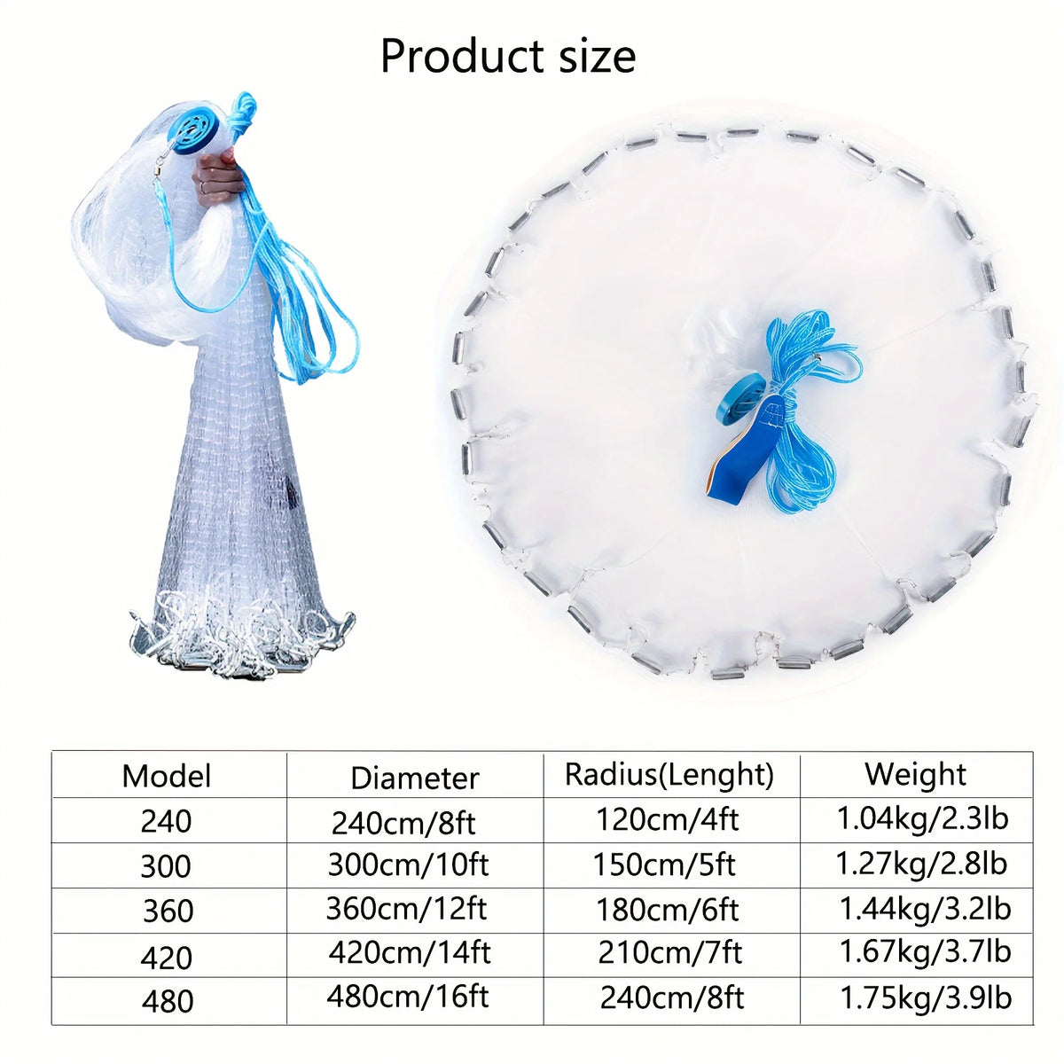 American Style Easy-Throw Fishing Cast Net, Durable Nylon Blend White Fishing Equipment, Handmade Sturdy Easy to Learn for Saltwater Freshwater All Fish Species, Christmas/Easter/Father's Day Gifts