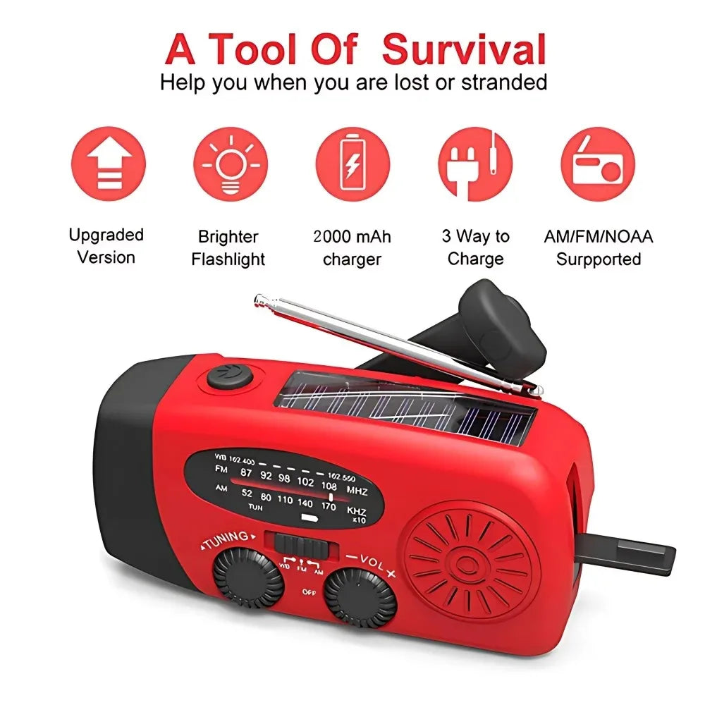 Solar Hand Crank Radio Portable Emergency Weather Alert Device with 2000mAh Power Bank and LED Flashlight Ideal for Home Blackout Severe Weather Camping Hurricane Preparedness Survival Gear NOAA FM AM and Outdoor Safety