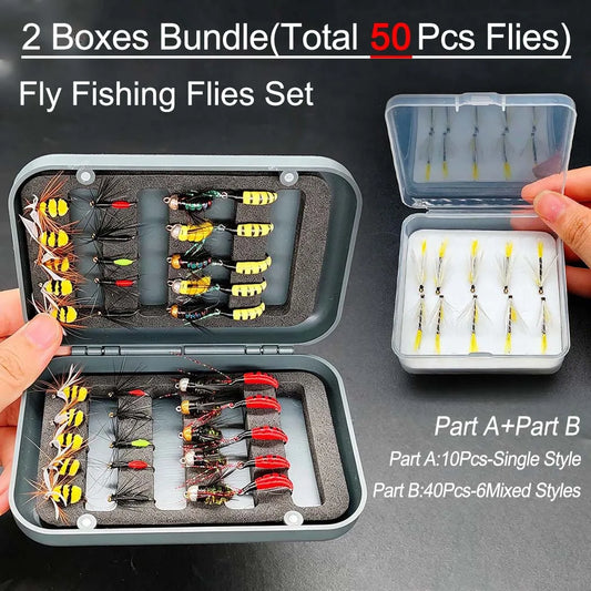 Fly Fishing Flies Kit, 2 Boxes Bundle(Total 50Pcs Flies) Dry Flies, Wet Flies, Nymphs Fishing For Trout-with Fly Box