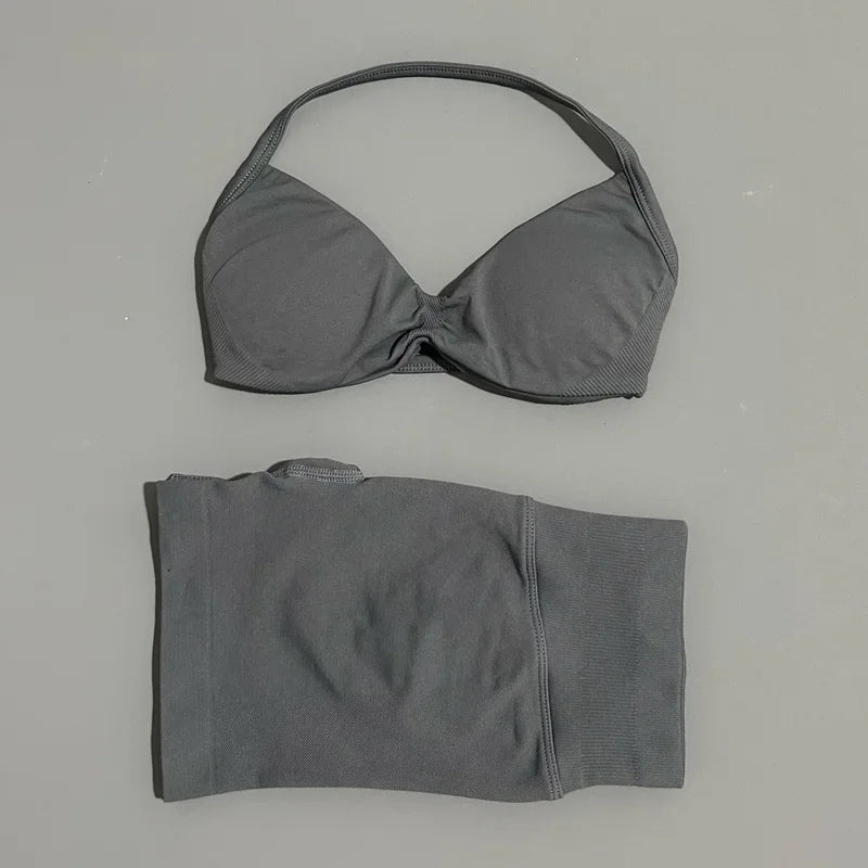 2 Pieces Yoga Gym Set Women Seamless Strappy Yoga Bra High Waist Workout Scrunch Shorts Sports Set Fitness Clothes Sportswear
