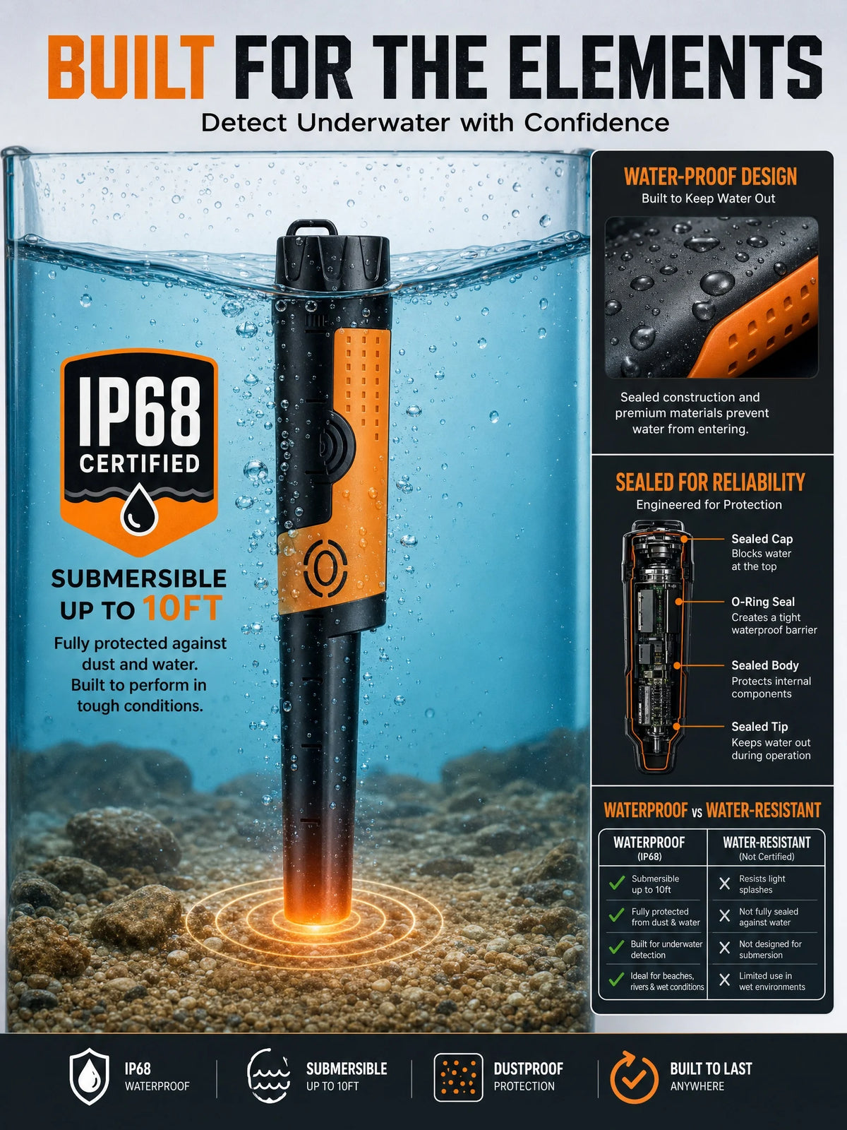SUNPOW Handheld Pinpointer Metal Detector,IP68 Waterproof 360° Scan Audio Vibration Probe for Adult Beach Underground Detecting