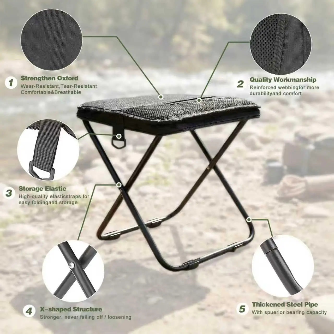 GMOX Camping Stool Portable Chair: All-Terrain Folding Carrying Pocket Stool, 4 Anti-Sink Feet, 270Lbs Capacity & 3s Setup. 5000 Cycle Tested for Rugged Sites, Camping, Fishing, Travel, Black.