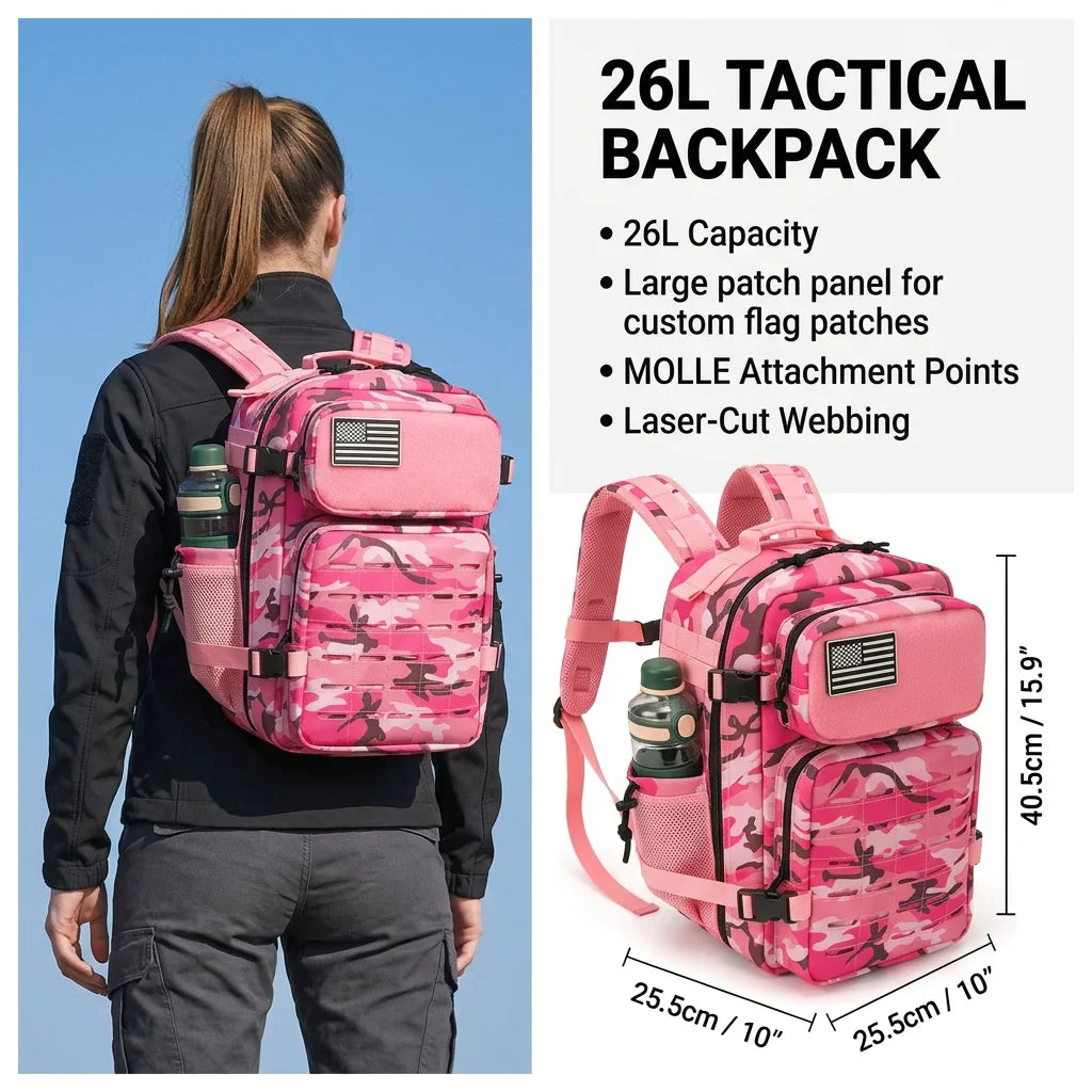 26L Men's Fishing Rucksack with MOLLE System & Double Cup Holders, Tactical Outdoor Hiking Backpack for Kayak Bass Trout River Fishing, Travel Camping Tackle Gear Storage Bag, Survival Kit