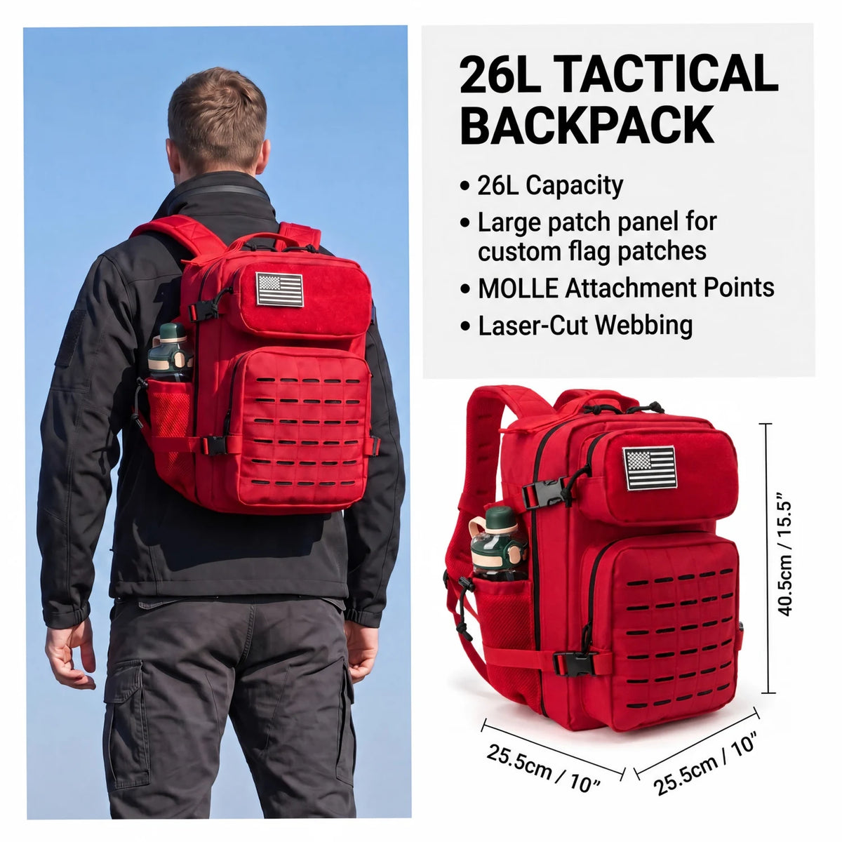 26L Men's Fishing Rucksack with MOLLE System & Double Cup Holders, Tactical Outdoor Hiking Backpack for Kayak Bass Trout River Fishing, Travel Camping Tackle Gear Storage Bag, Survival Kit