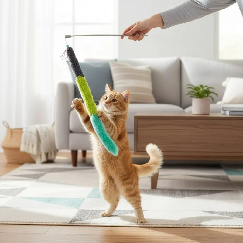 Extra Long Breakaway Plush Wand Cat Toy with Ribbons & Jute, Gray/Blue