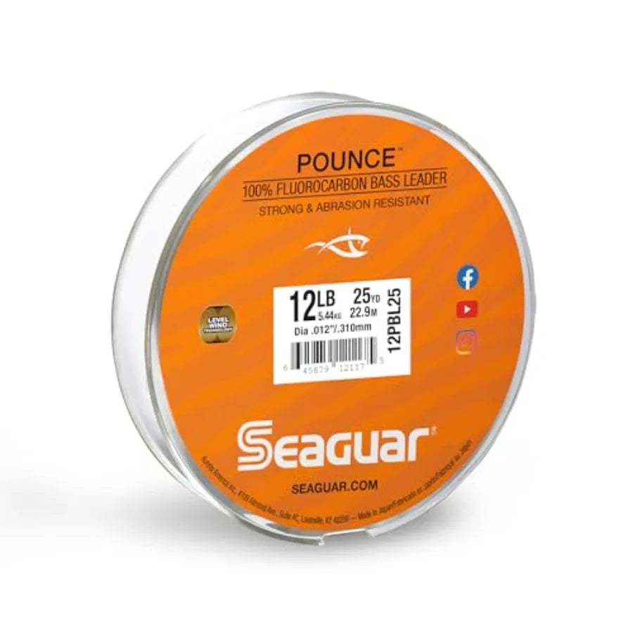 Pounce Bass Fishing Leader Line, Freshwater, 100% Fluorocarbon, 25yd Spool, Clear, Multiple Sizes